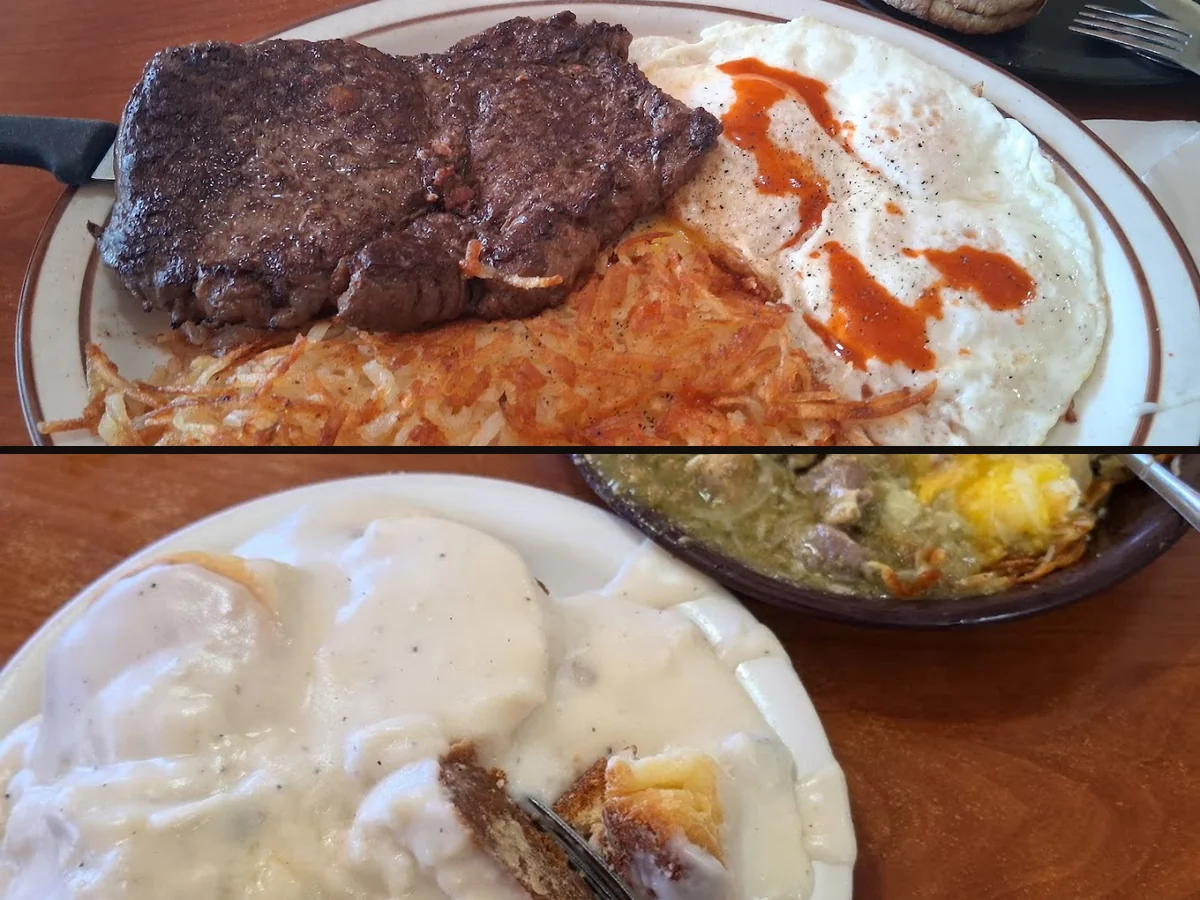Breakfast plates served in a cozy restaurant setting.
