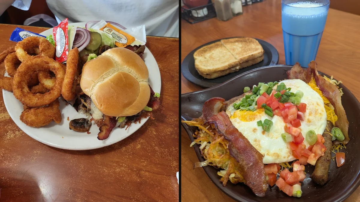 Casual diner tables with coffee cups and plates.